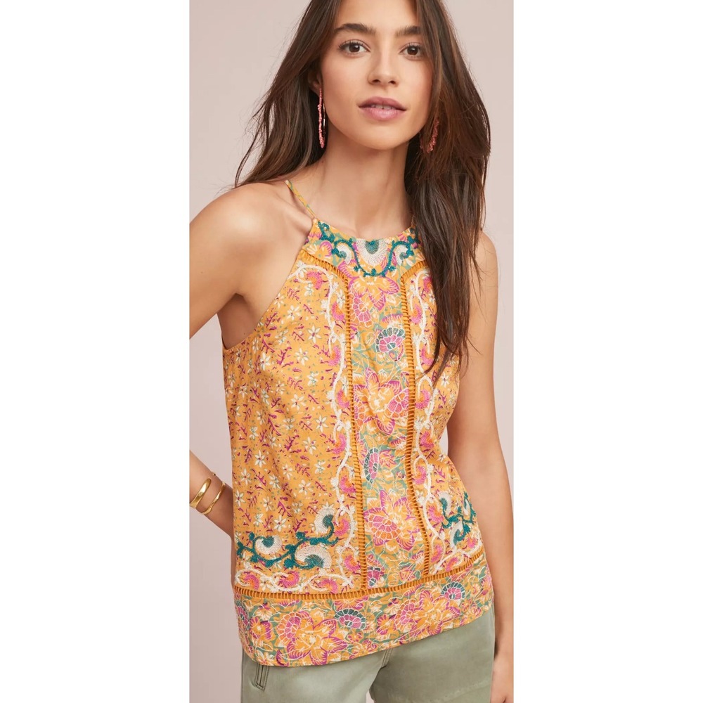 Anthropologie Akemi + Kin Yellow Floral Halter Top Crochet Trim Boho Blouse US 4